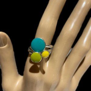 Sterling Silver and Blue Green Yellow  Enamel Triple Rings